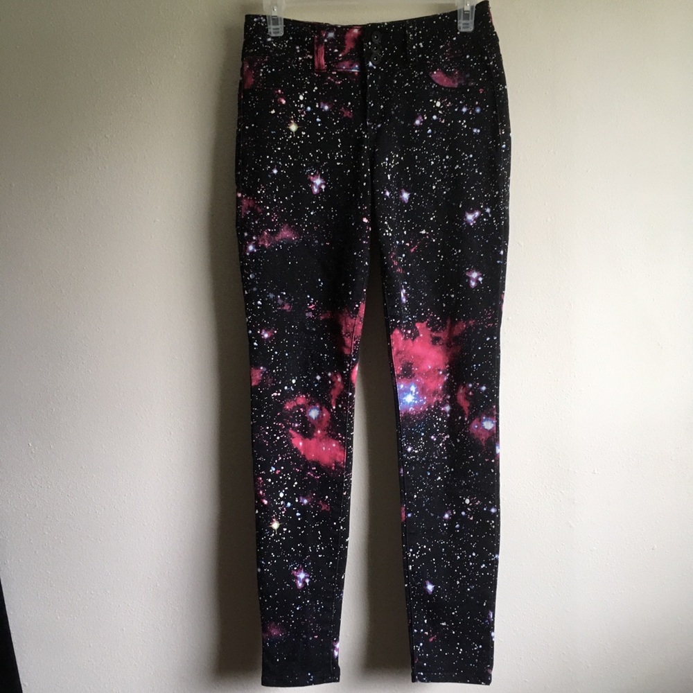 Blackheart stretch super skinny black galaxy print jeans. Size 5
